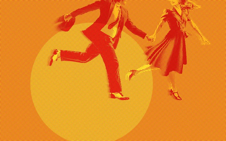 Halftone print of two dancers in red and yellow, mid-step against an orange background