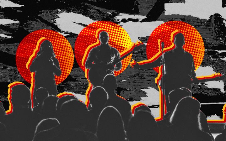 Halftone collage: three silhouetted band members play to a crowd, red and yellow sun motifs behind.