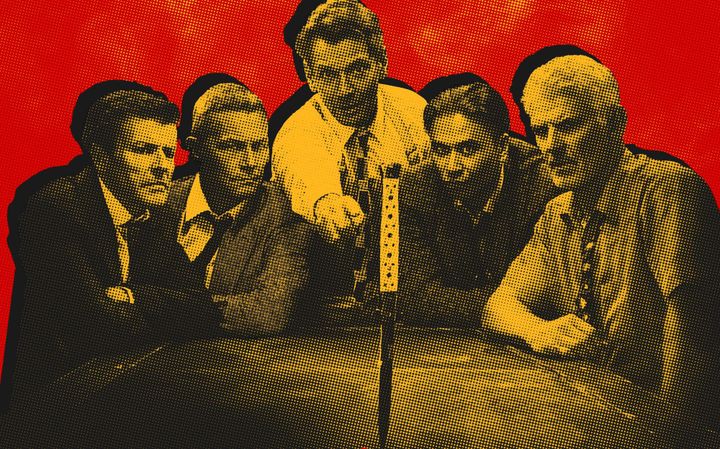 Red and yellow halftone poster of five men from the Twelve Angry Men stage cast