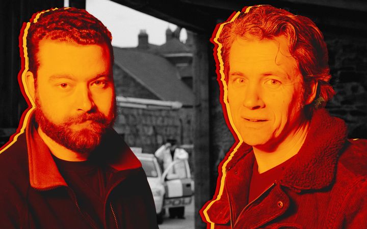 Stylised red and orange poster shot of Patrick Wight and Scott Ironside from One Day Removals