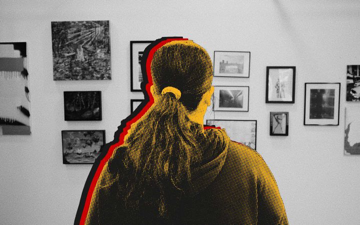 Collage image of a person viewed from behind, rendered in yellow and black halftone with a red outline, looking at a wall of black and white framed artworks in a gallery.