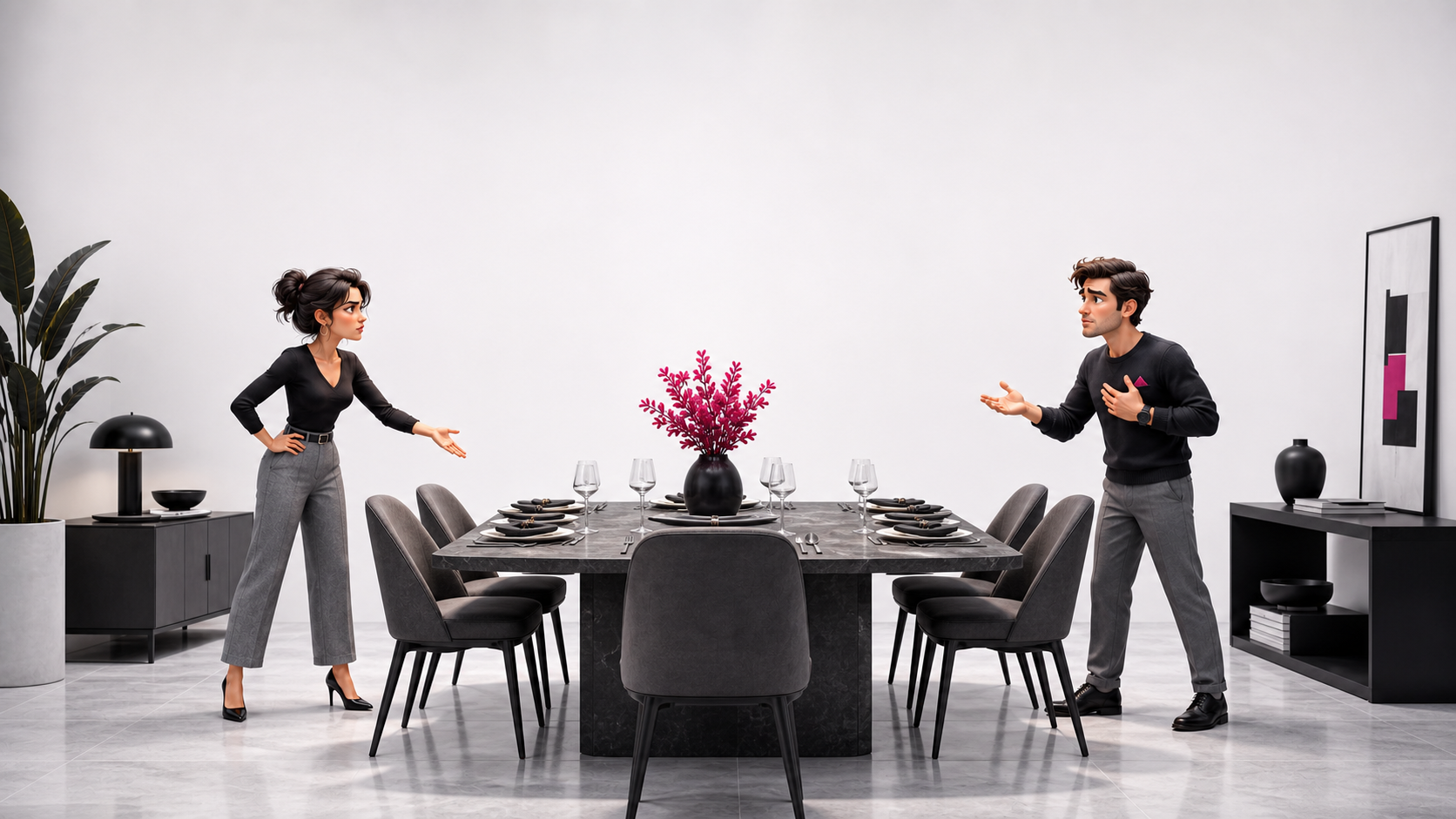 Maya and Daniel face each other across a contemporary six-place dinner table with an empty chair in the foreground.
