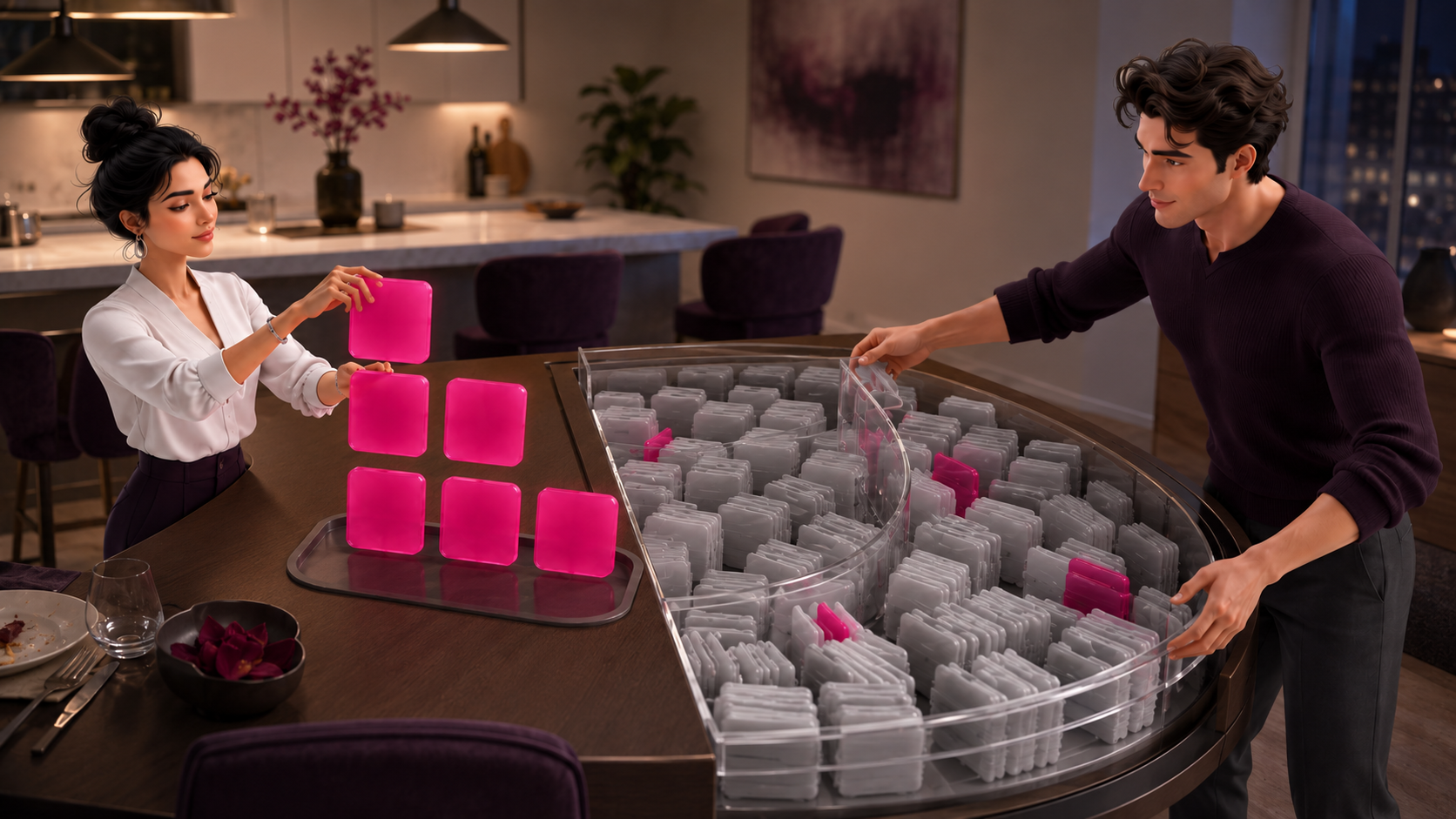 Maya selects six fuchsia memory tiles at a dining table while Daniel opens a transparent archive of many gray tokens.
