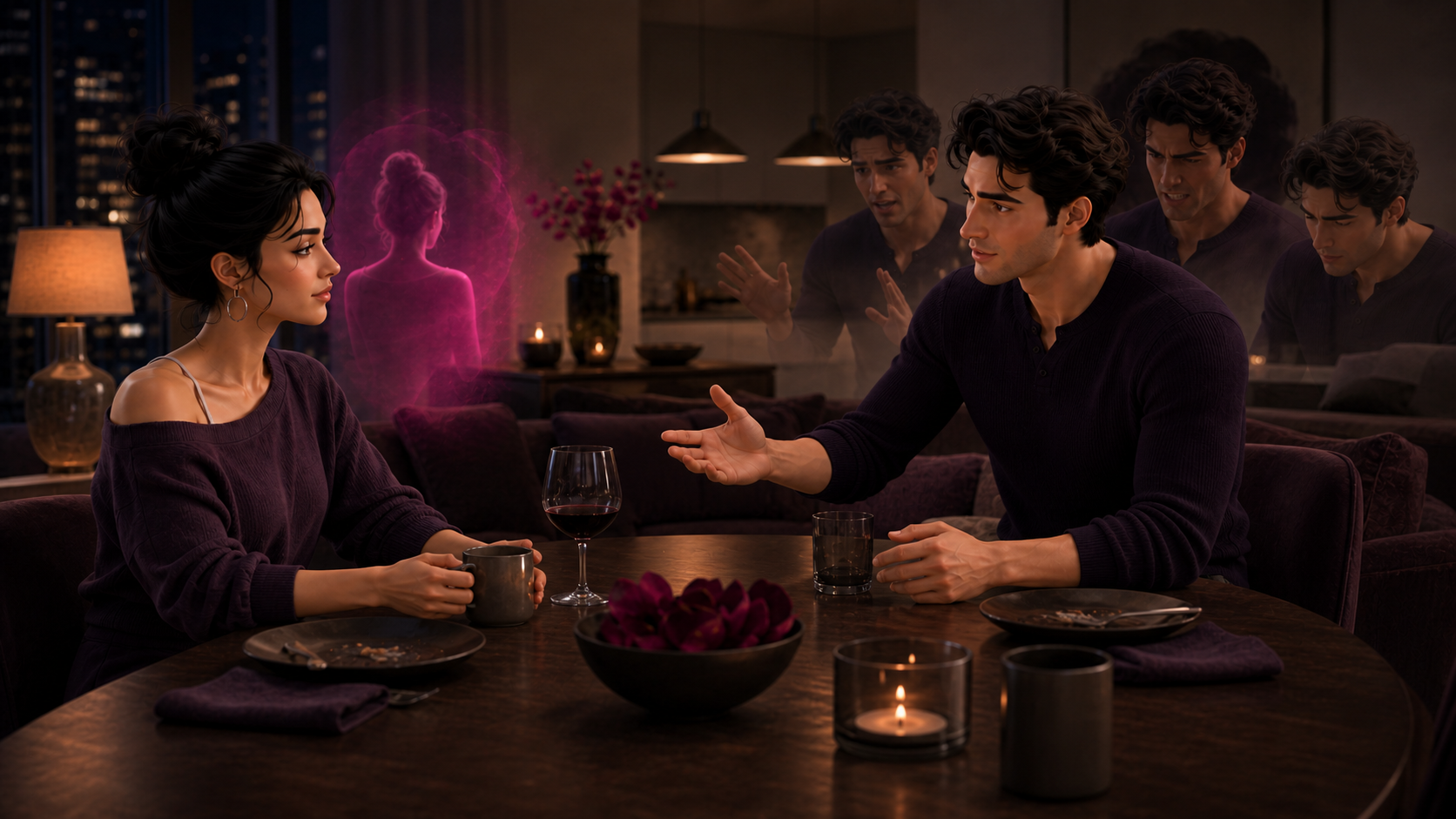 Maya and Daniel sit at a dim evening dinner table while four faint versions of Daniel’s responses gather behind him and a fuchsia thought-space rises behind Maya.