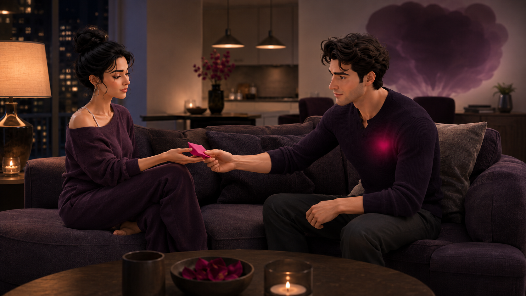 Maya and Daniel sit at opposite ends of an aubergine sofa in an evening apartment as Maya offers Daniel a small fuchsia folded note.