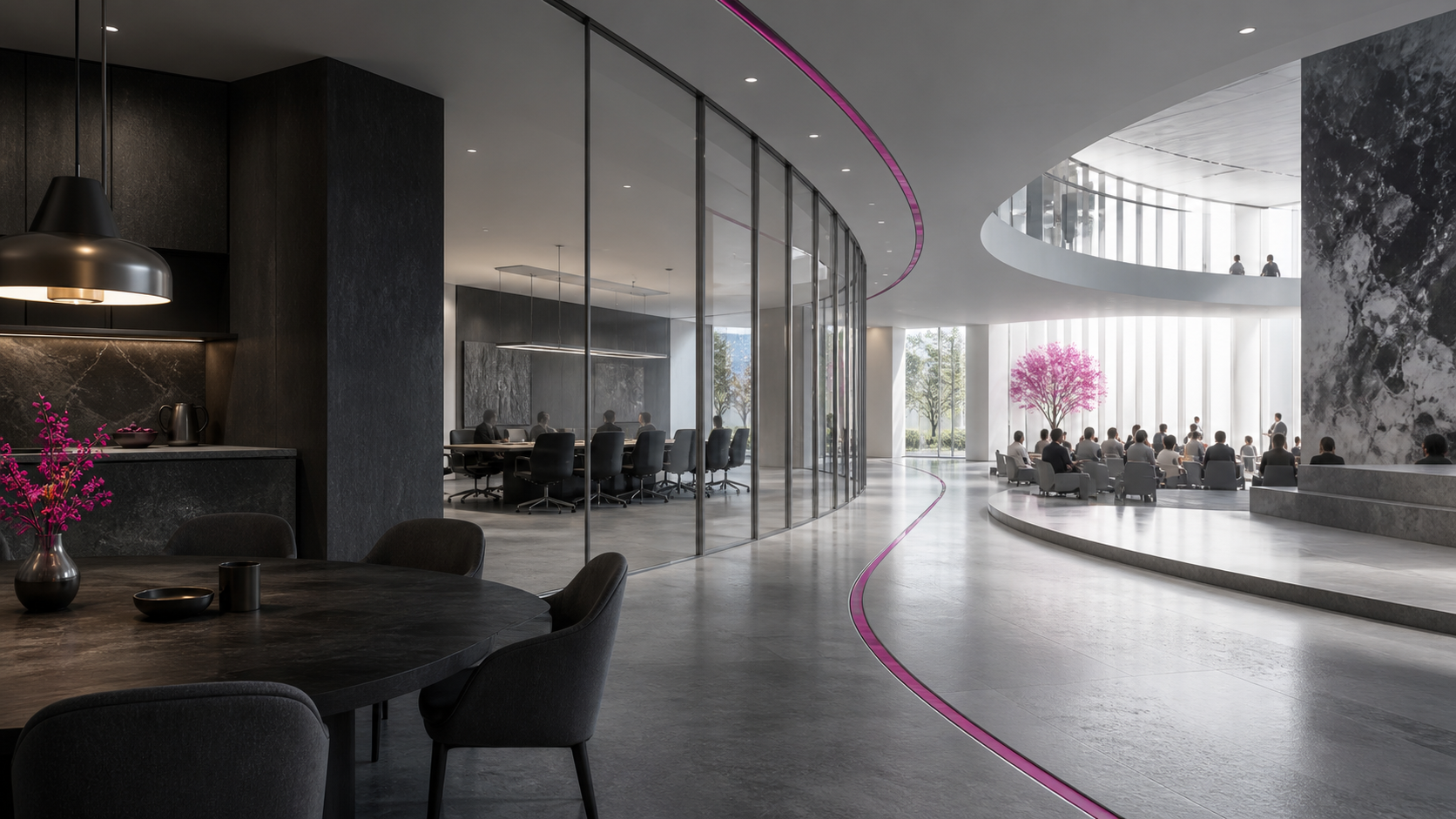 A contemporary kitchen, boardroom, and civic forum connected in one bright architectural panorama.