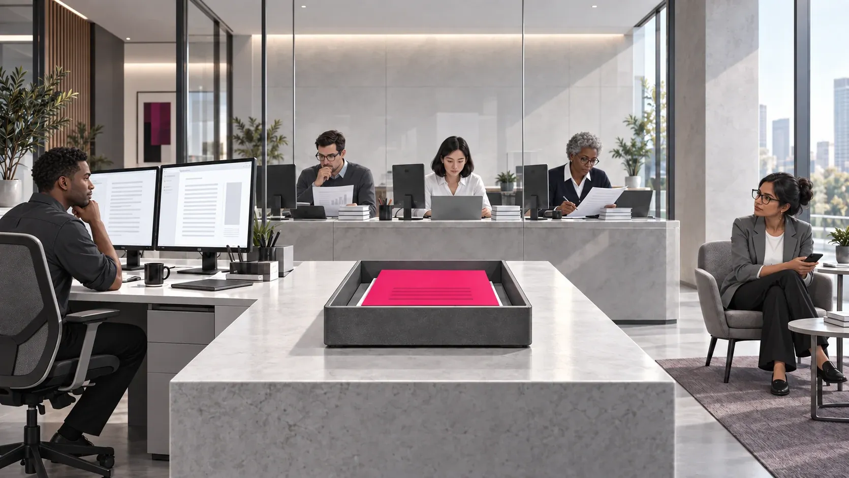A Black account manager has completed a fuchsia proposal. Three human reviewers remain at their shared desk, and the South Asian customer waits beyond them.