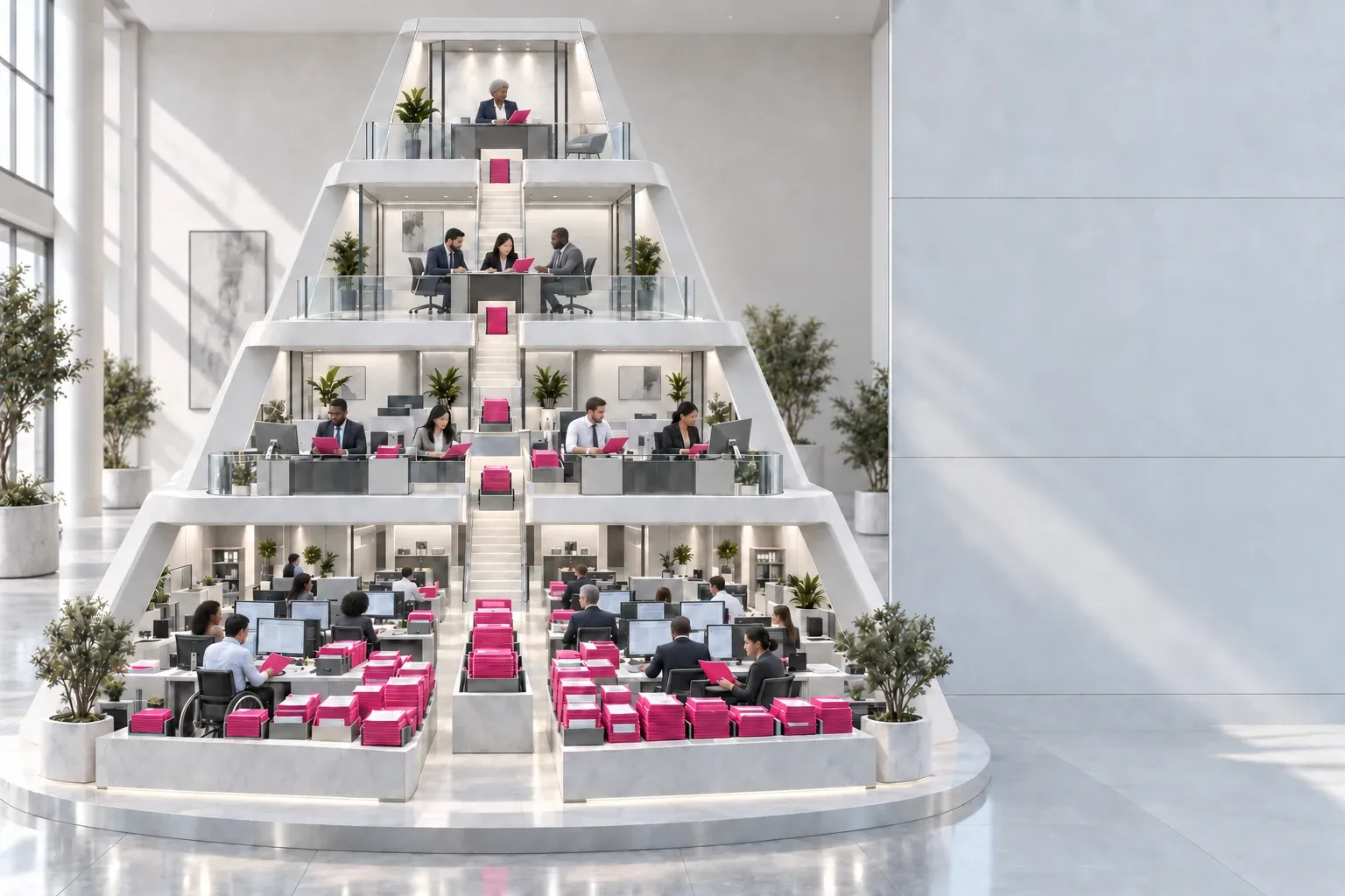 An illustrative four-tier office pyramid with a diverse workforce. Fuchsia folders gather near the base and appear along a central route toward colleagues and senior staff on the upper floors.