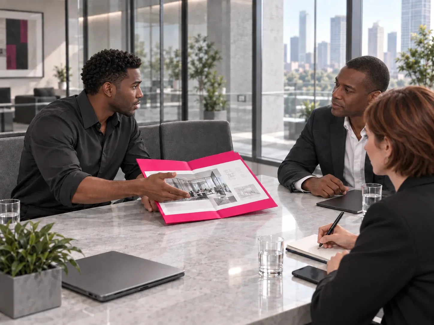 The account manager uses available capacity to discuss a proposal with prospective customers.