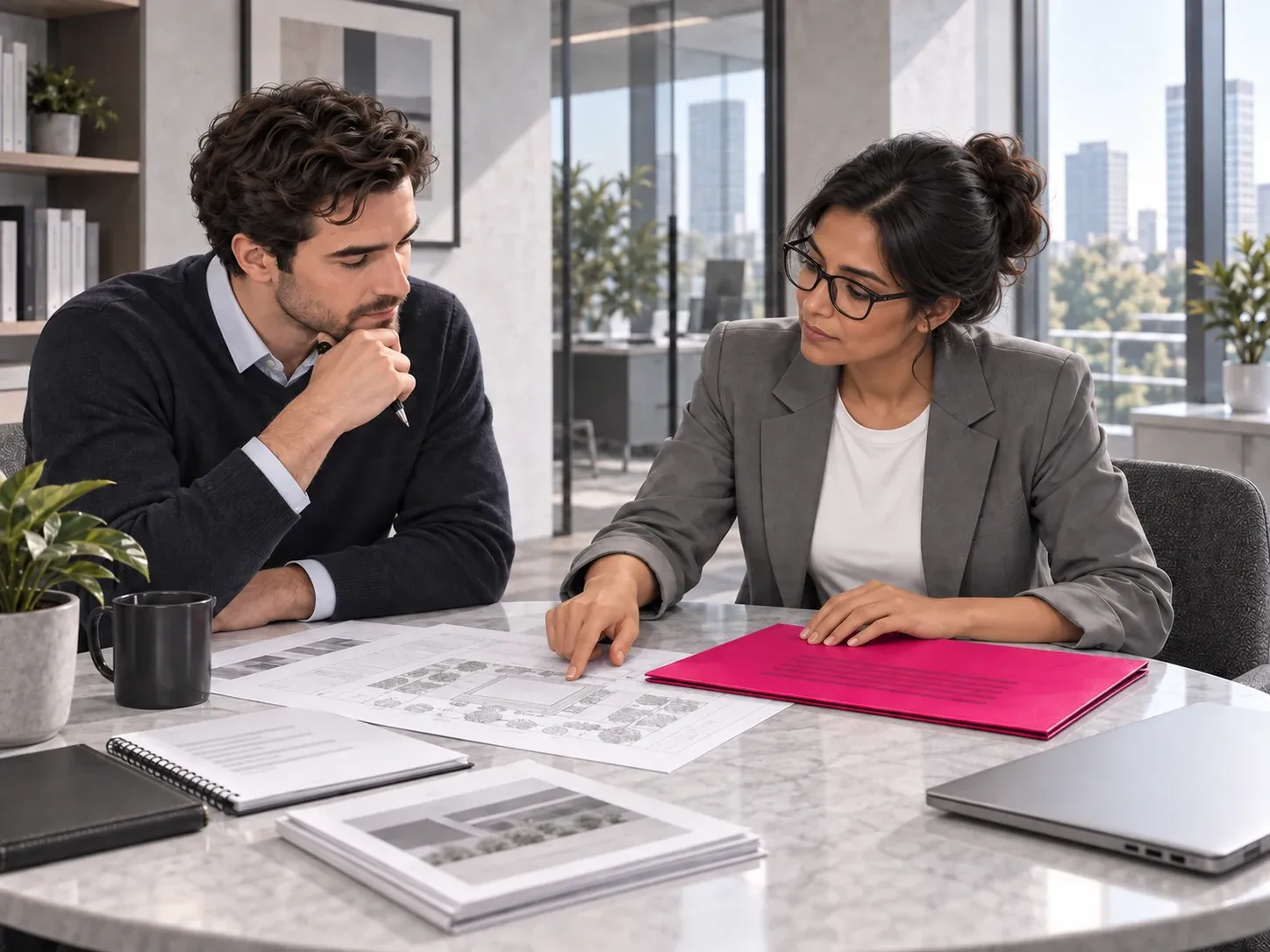 The customer and a colleague discuss the proposal at her own business.