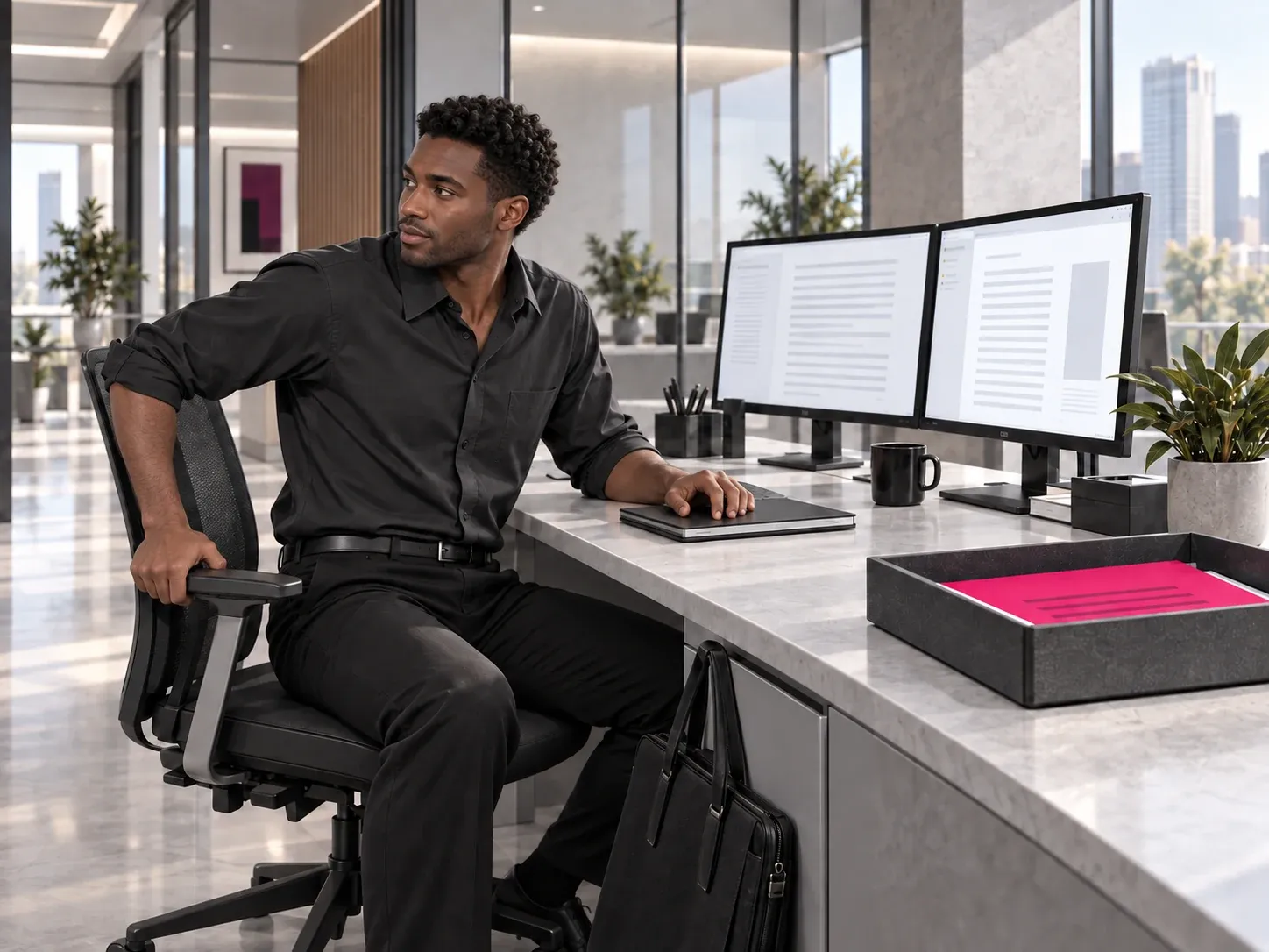 The account manager turns away from his completed work, with a closed notebook and a bag beside his chair.