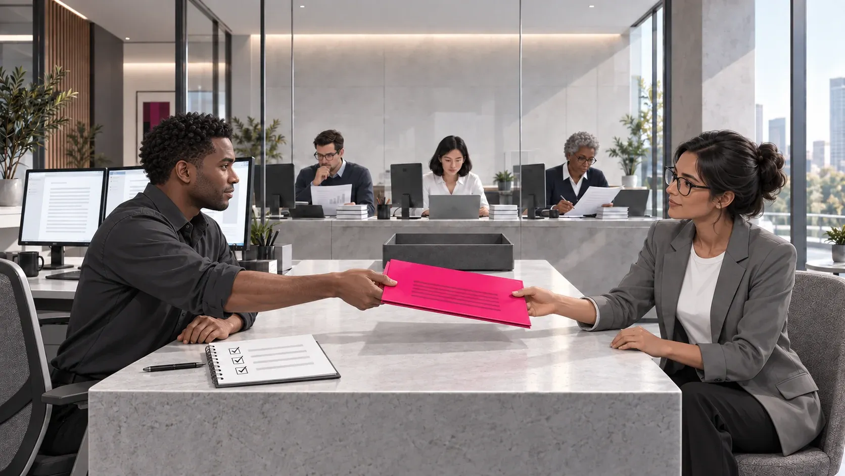 The same account manager hands the fuchsia proposal to the customer. The three human specialists remain available at their shared desk behind them.