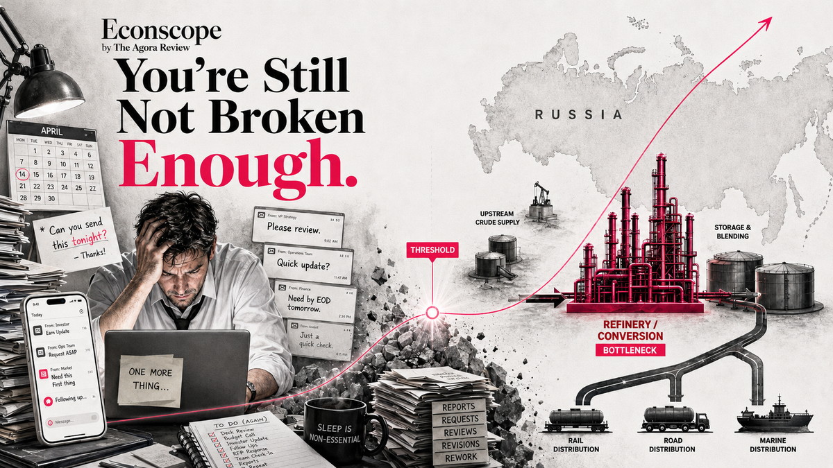 An exhausted office worker surrounded by urgent tasks is visually connected to a Russian refinery and fuel-distribution bottleneck.
