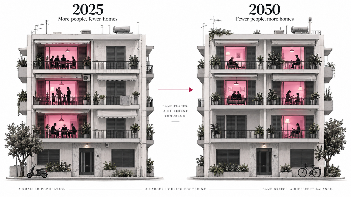 Cutaway illustration of a Greek apartment building with small households and a vacant flat under renovation, exploring population decline and housing demand in Greece.