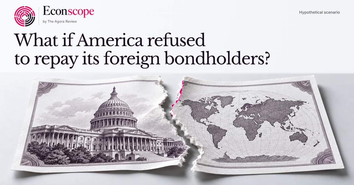 Illustration of a hypothetical U.S. debt default, with a torn Treasury certificate separating the Capitol from a world map.