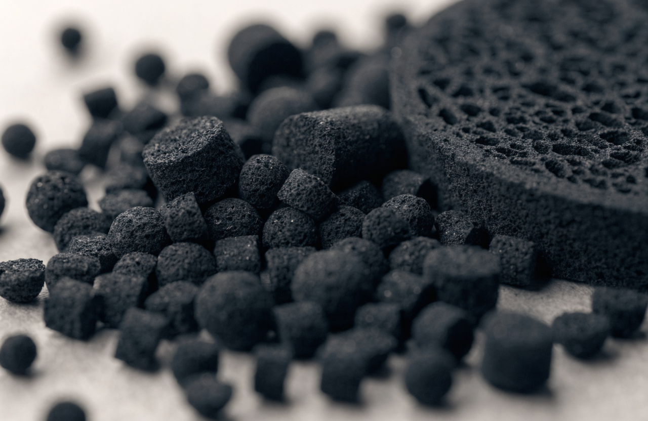 Macro photograph of granular activated carbon media on a light-gray sweep.