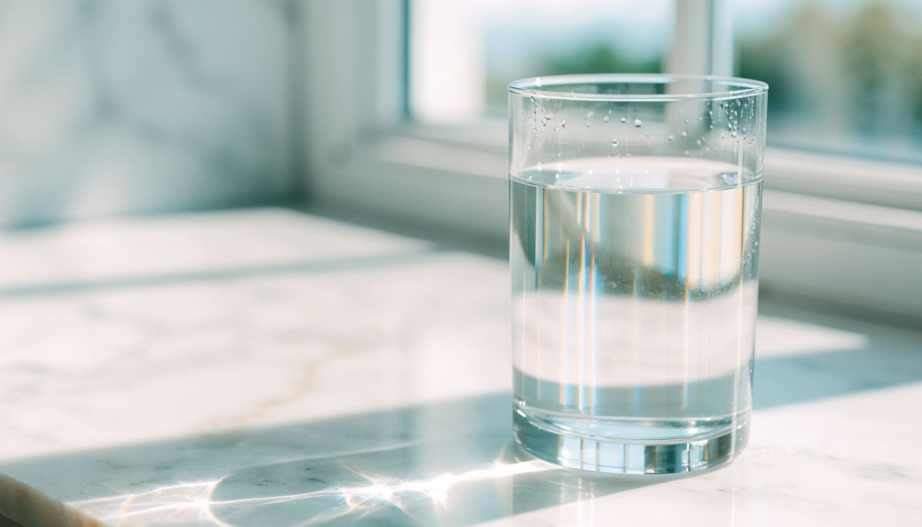 A clear glass and carafe of tap water on a pale stone counter in hard side light.