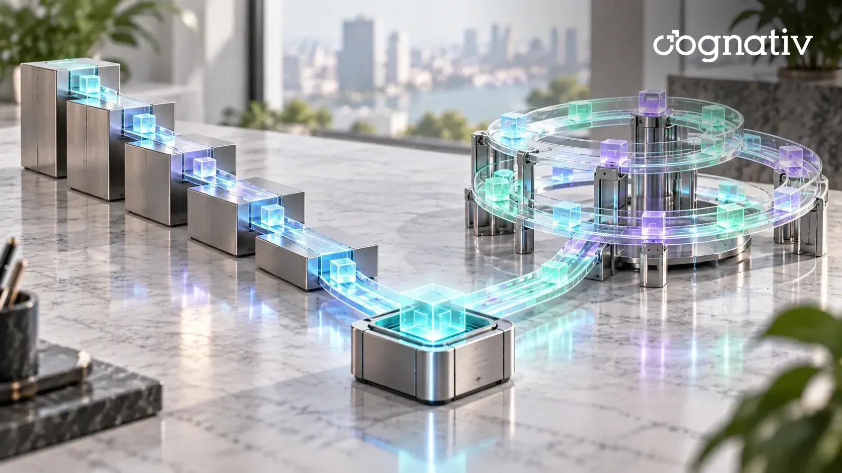 A stepped cascade of aluminum blocks beside a looping glass track, both leading to one glowing finished module.