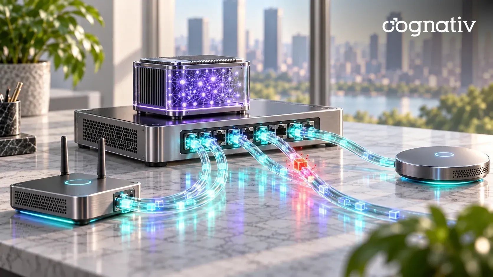 A network switch on a marble desk with glowing data packets flowing through cables, one red anomalous packet flagged, and an AI module on top.