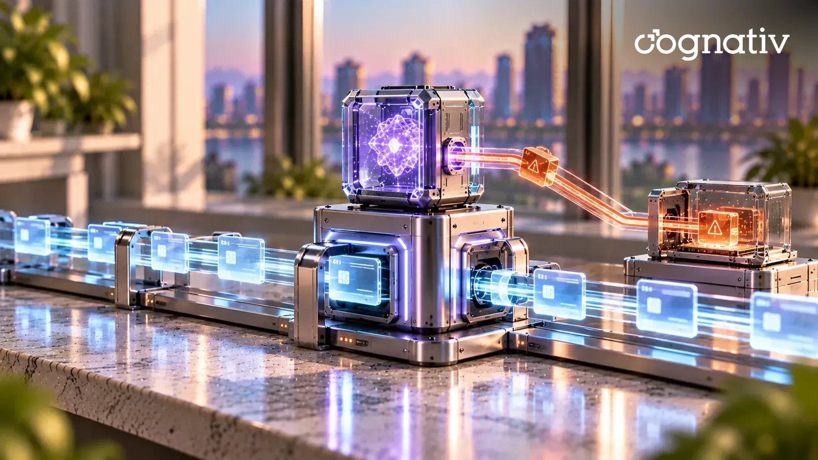 Glass payment cards flow along light rails through an aluminum payment hub while a lilac AI module diverts one amber flagged token to a side checkpoint.