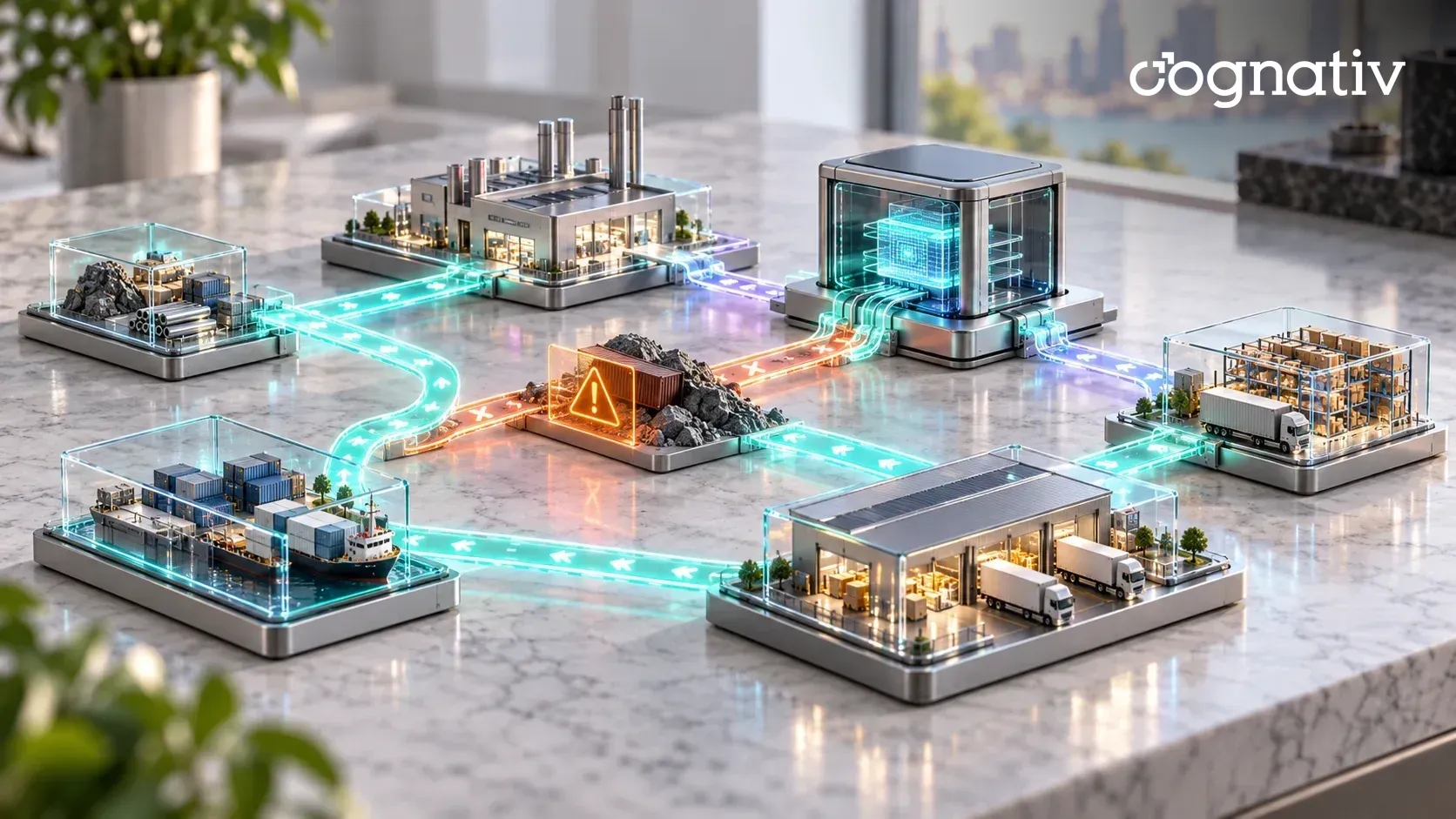 A miniature supply chain of port, factory, warehouse and trucks linked by glowing routes, with one disrupted node flagged and an AI hub.