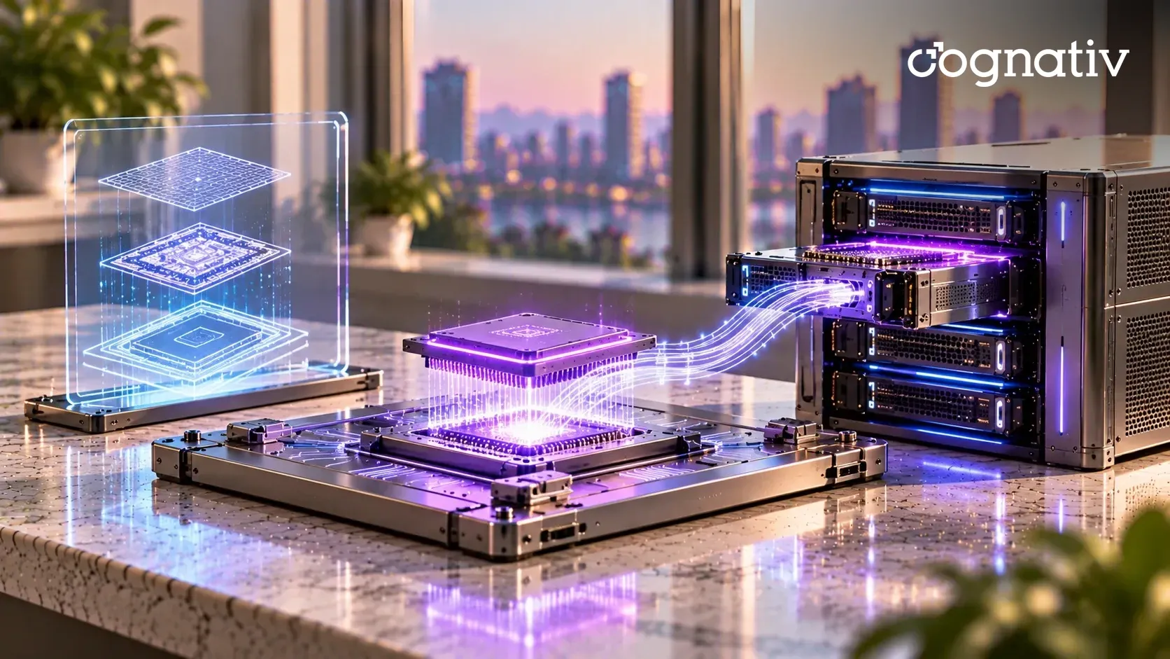 Layered chip blueprints on a glass panel lead to a glowing lilac processor rising from an aluminum design plate and wired into a sliding enterprise AI server tray.