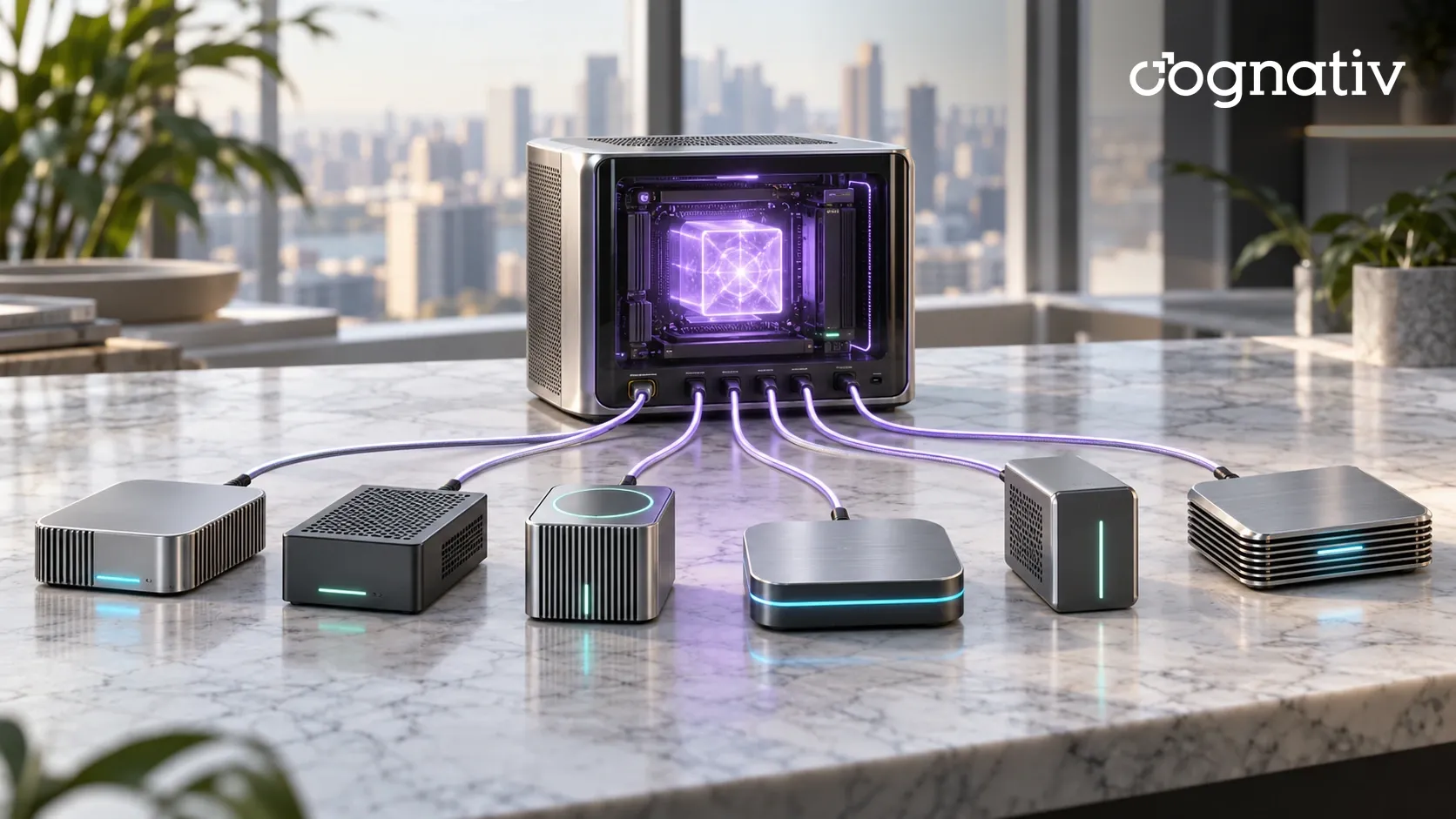 Six compact local tool devices on a marble desk, each cabled to one workstation with a glowing AI model core.