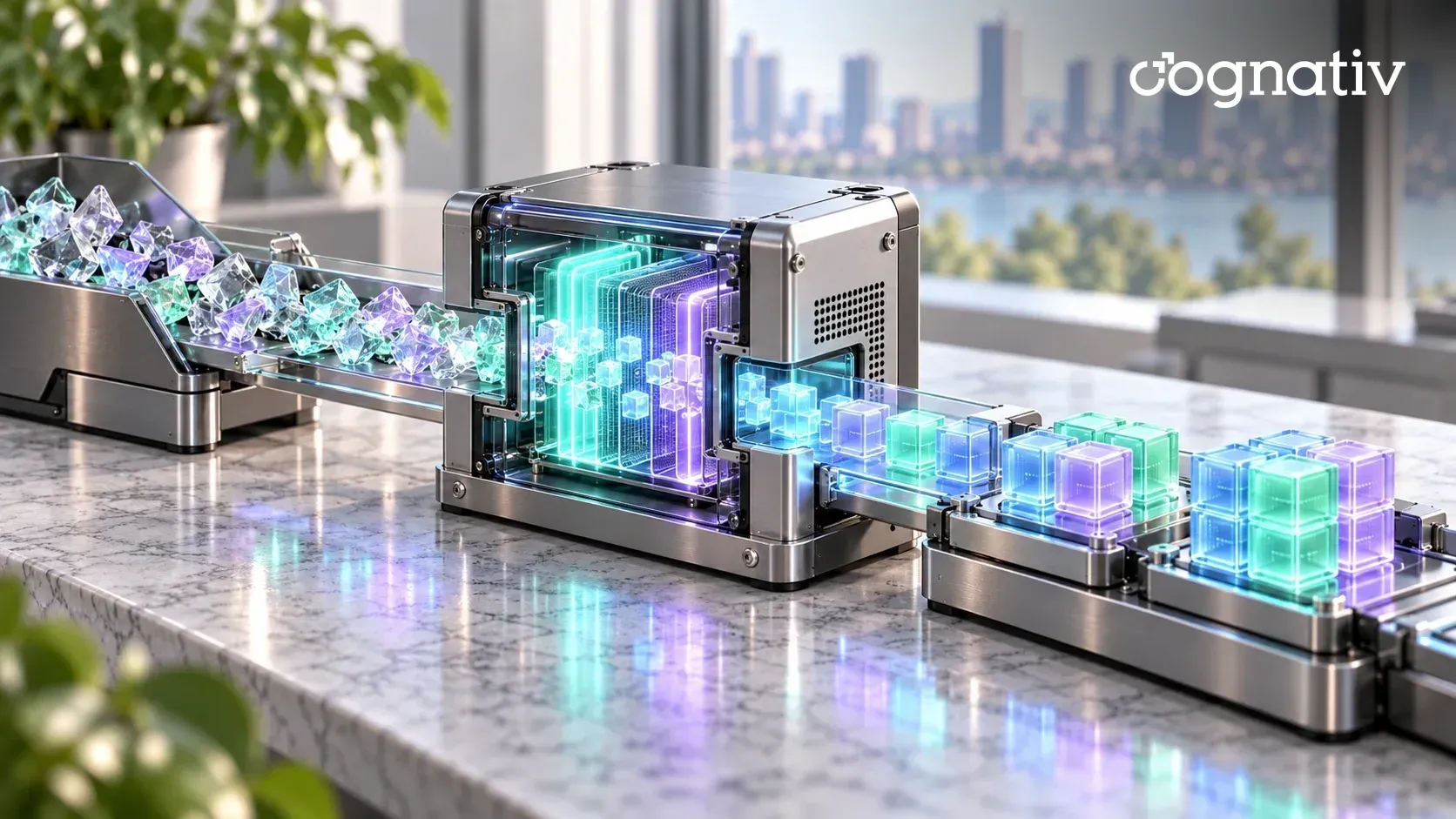 Irregular glass fragments entering a transformation chamber and leaving as neat rows of uniform glowing cubes.