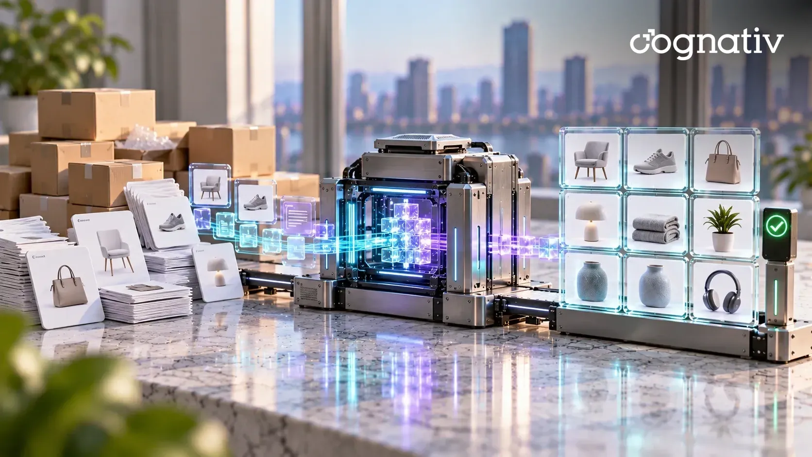 Product cards and boxes stream as glass data tiles through an aluminum automation module into a tidy catalog grid of product tiles with a green check light.