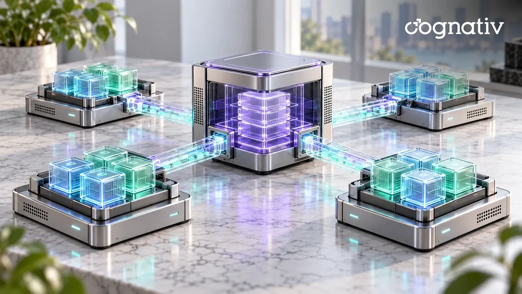 A central control-plane module linked to four worker-node trays holding glowing container cubes.
