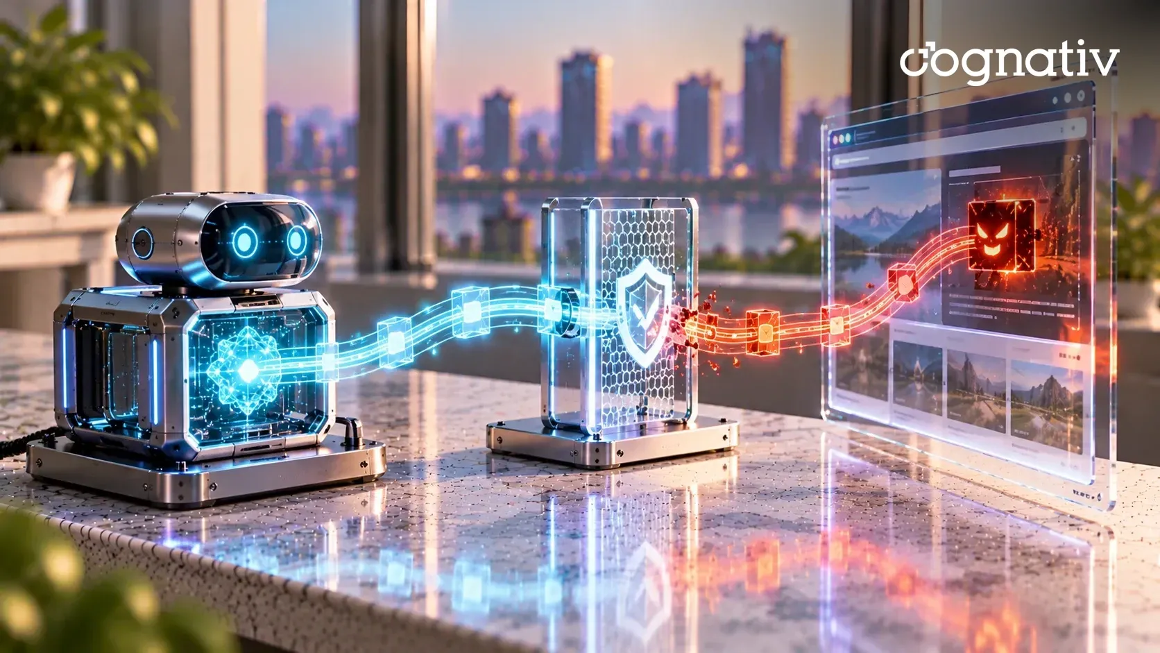 An aluminum AI agent sends a cyan data path toward a glass web page whose hidden red block pushes a malicious thread back, stopped by a shielded filter gate.