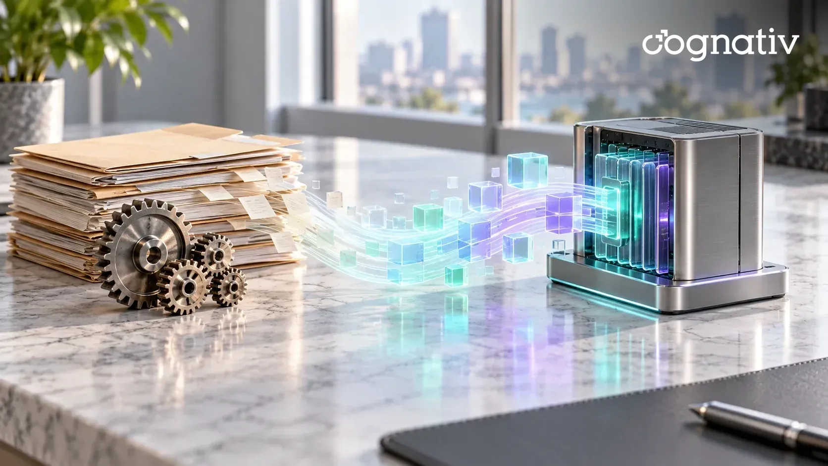 A stack of paper folders and metal gears flowing as glowing data blocks into a modern aluminum server.