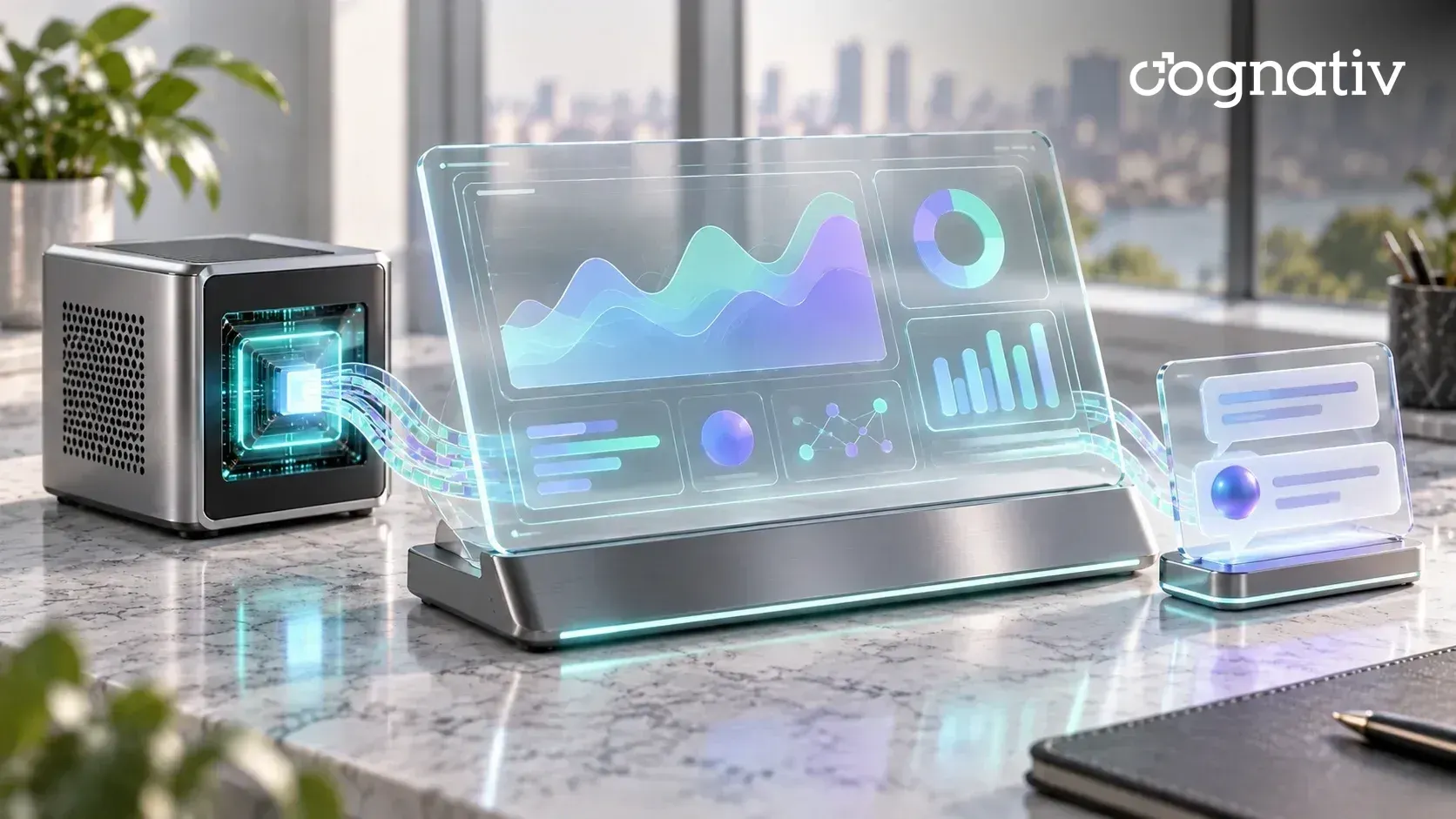 A compact AI server streaming data into a glass analytics dashboard with charts and a small conversational insights panel.
