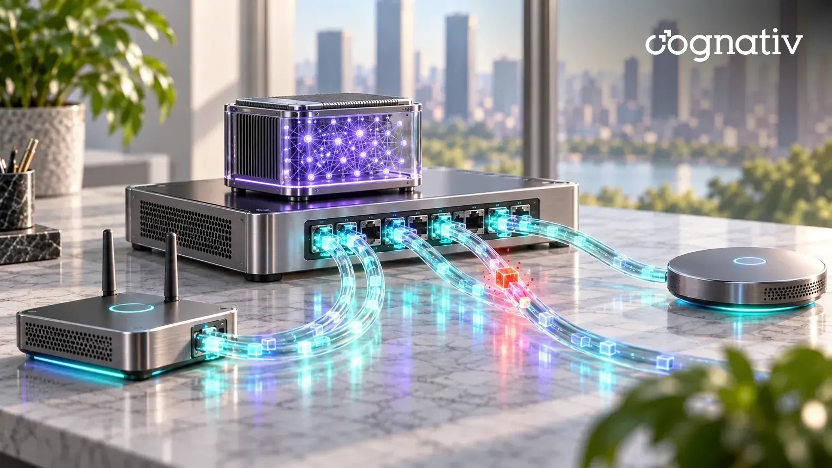 A network switch on a marble desk with glowing data packets flowing through cables, one red anomalous packet flagged, and an AI module on top.