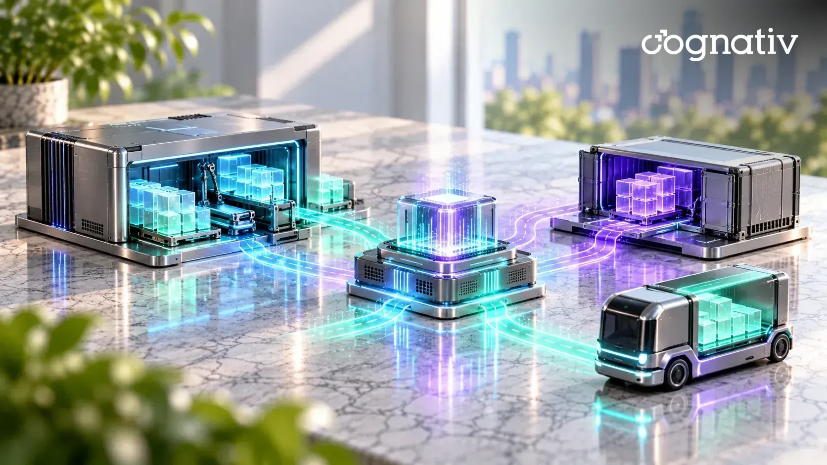 A miniature logistics network of a warehouse, container and delivery vehicle linked by glowing routes to a central AI forecasting module.