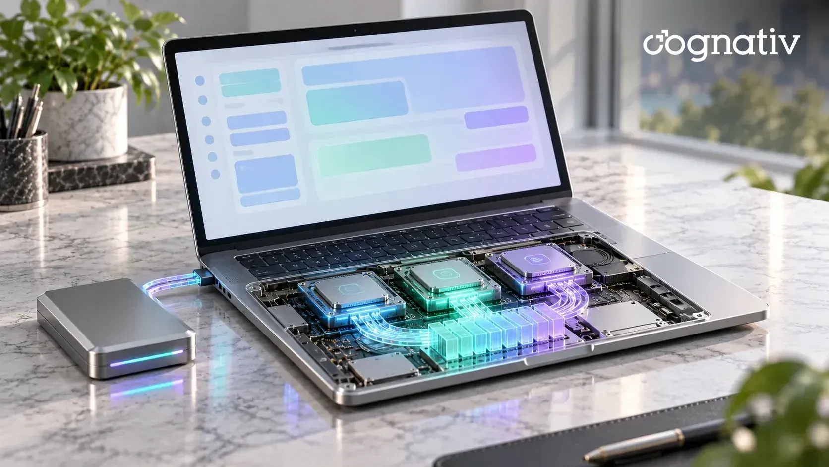 Open laptop with a transparent chassis showing CPU, GPU and NPU chips linked to a glowing shared memory band.