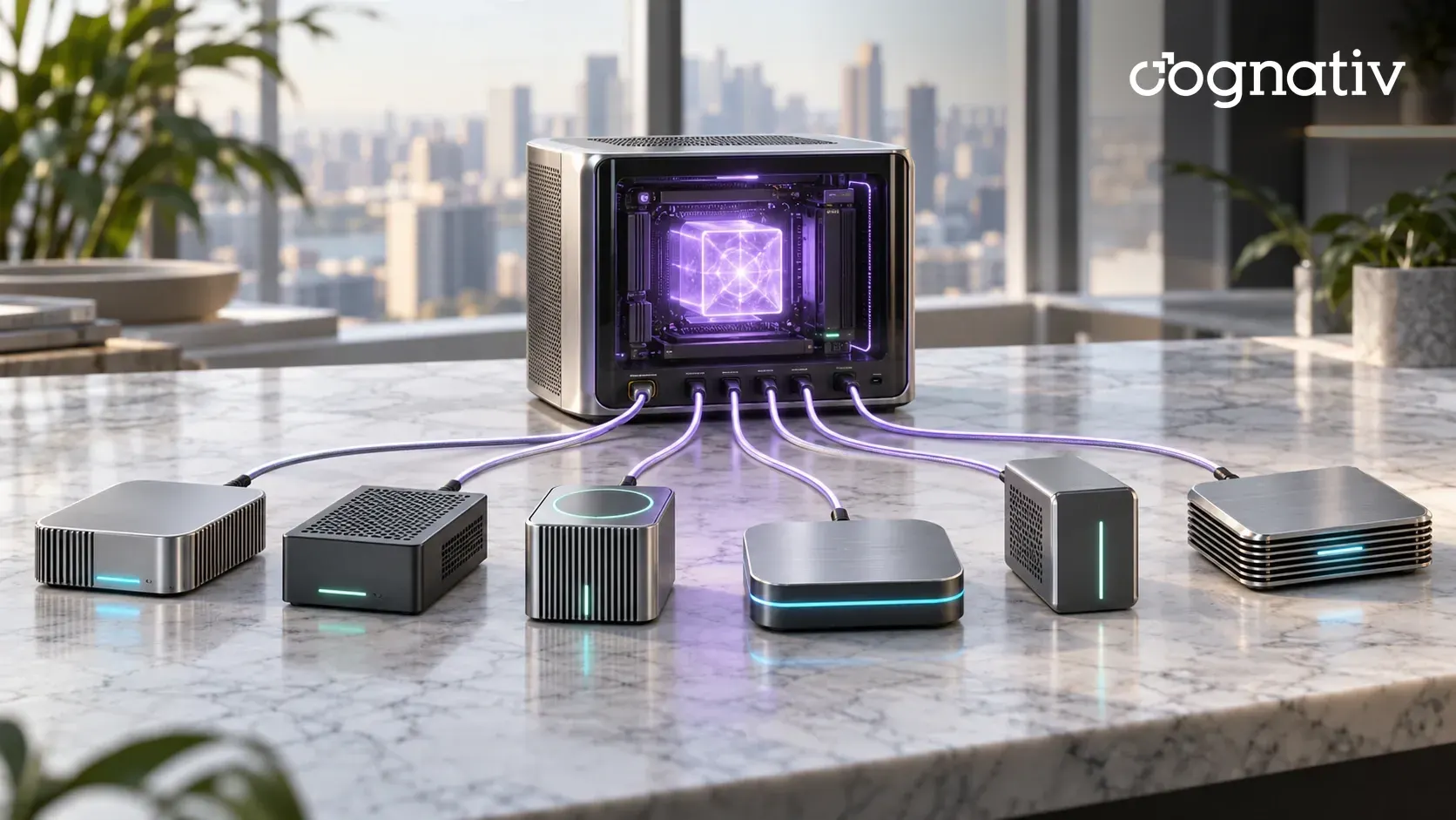 Six compact local tool devices on a marble desk, each cabled to one workstation with a glowing AI model core.