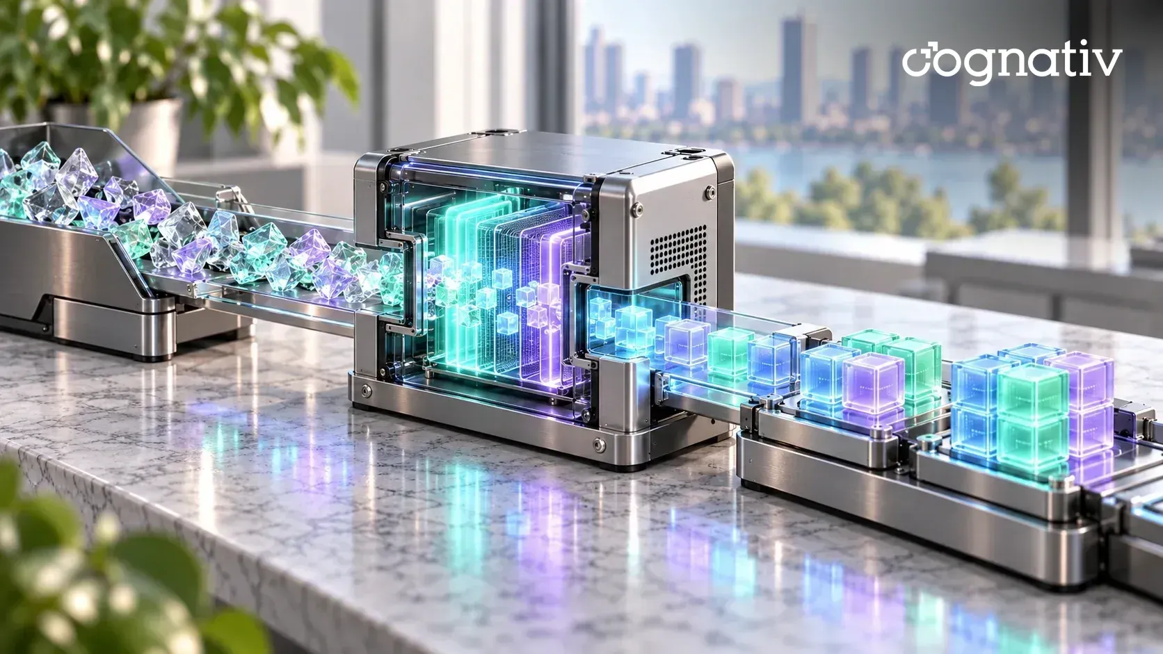 Irregular glass fragments entering a transformation chamber and leaving as neat rows of uniform glowing cubes.
