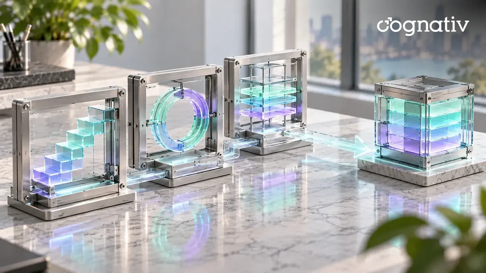 Three aluminum frames holding a staircase, a cycle ring and stacked layers, leading by an arrow to an assembled glass cube.