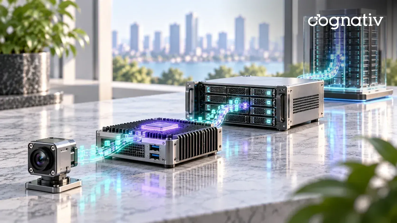 A camera, an edge box with a glowing chip, an edge server and a glass regional node linked by light paths.