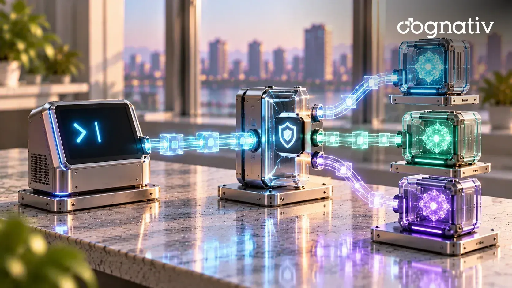 An aluminum command-line terminal sends a stream of glass tokens through a shielded routing switch to one of three AI model cores glowing cyan, mint and lilac.