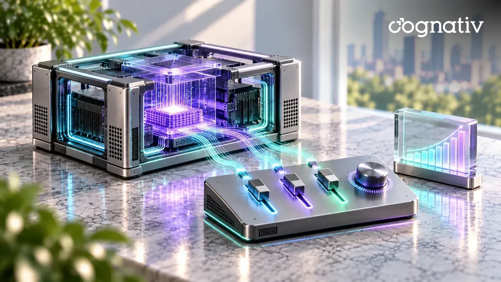 An open-frame model chassis with a glowing core connected to a tuning console with sliders and a dial, beside a rising performance gauge.