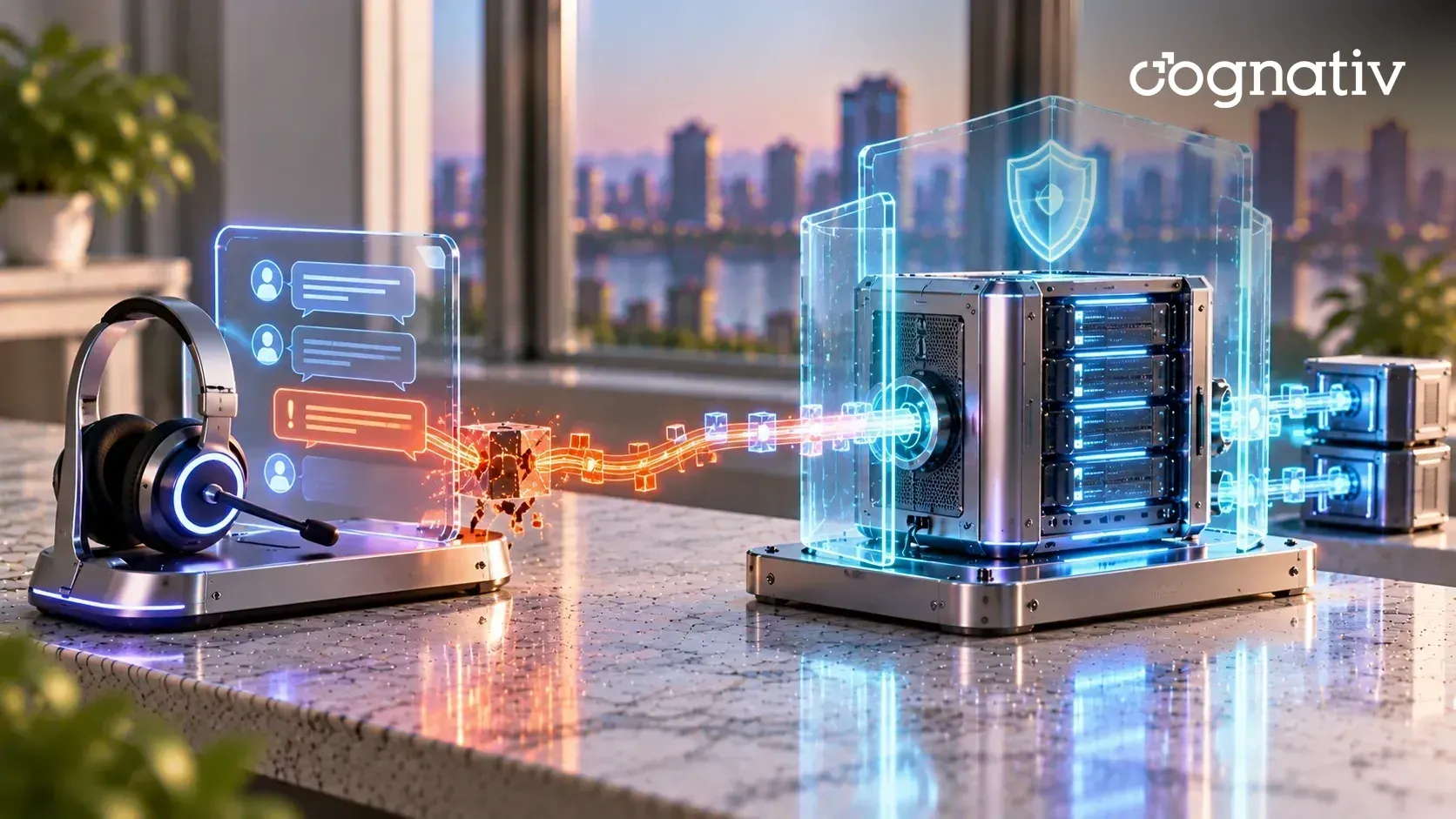 A support headset and chat panel send a cracked amber data path toward an aluminum core-systems server protected by a glowing glass shield enclosure.