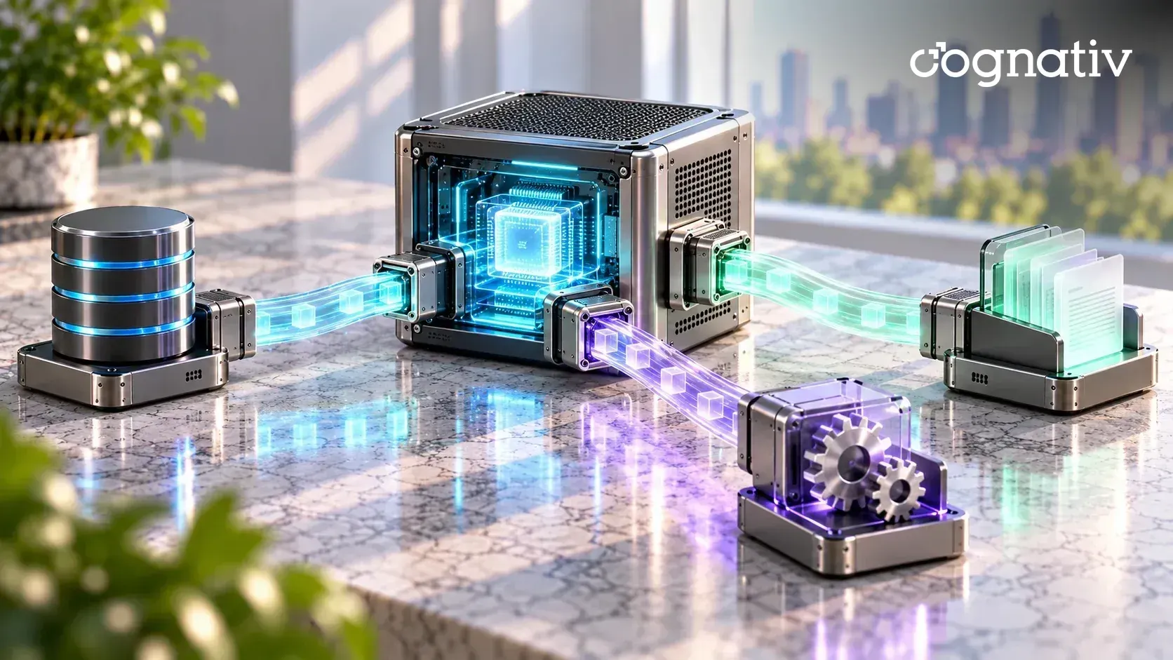A central AI core linked by identical glass cables to a database, a document tray and a gear module.