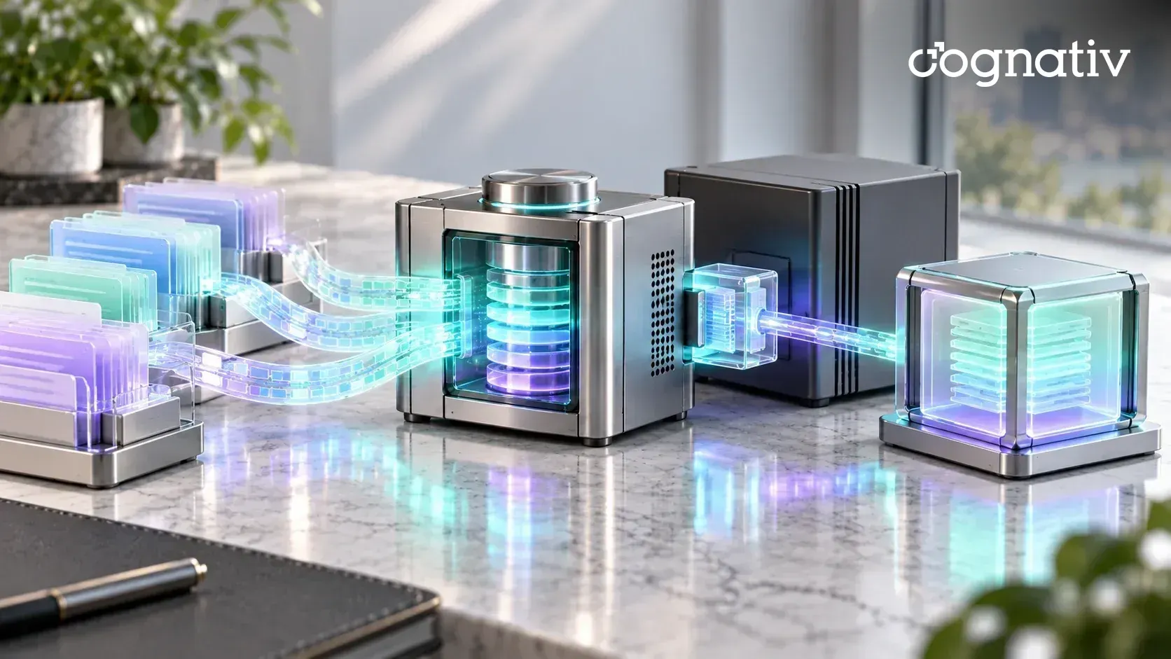Data cards feed glowing ribbons into a training unit that outputs an adapted model block.