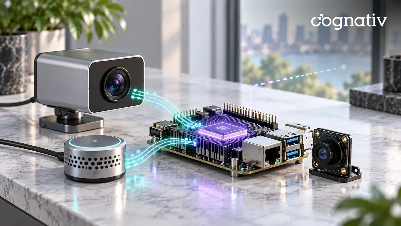 A single-board computer with a glowing AI chip linked to a nearby camera, sensor puck and small camera module.