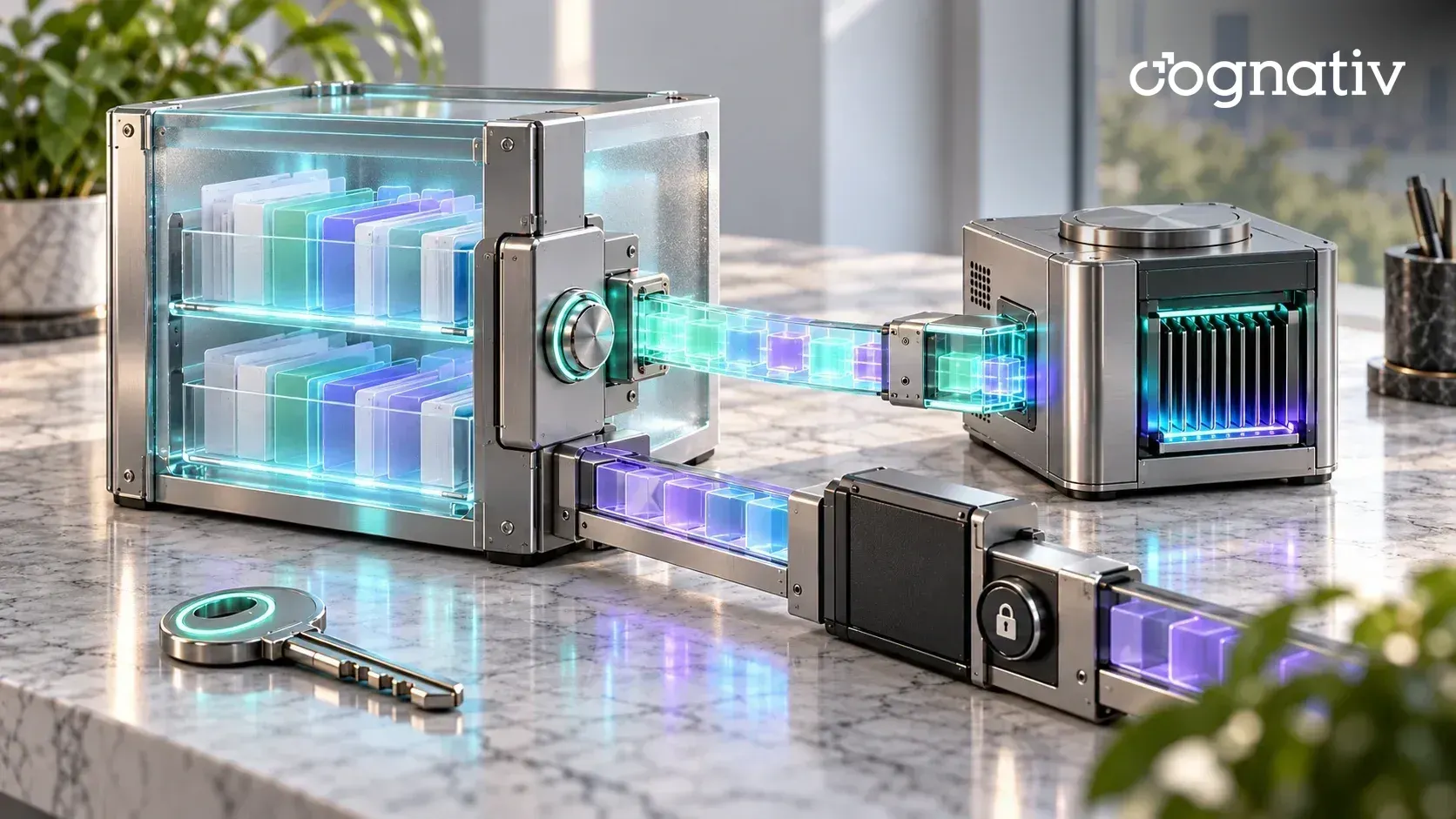 Frosted vault of document trays sends data through a controlled gate to a model unit, with a key and a locked path.