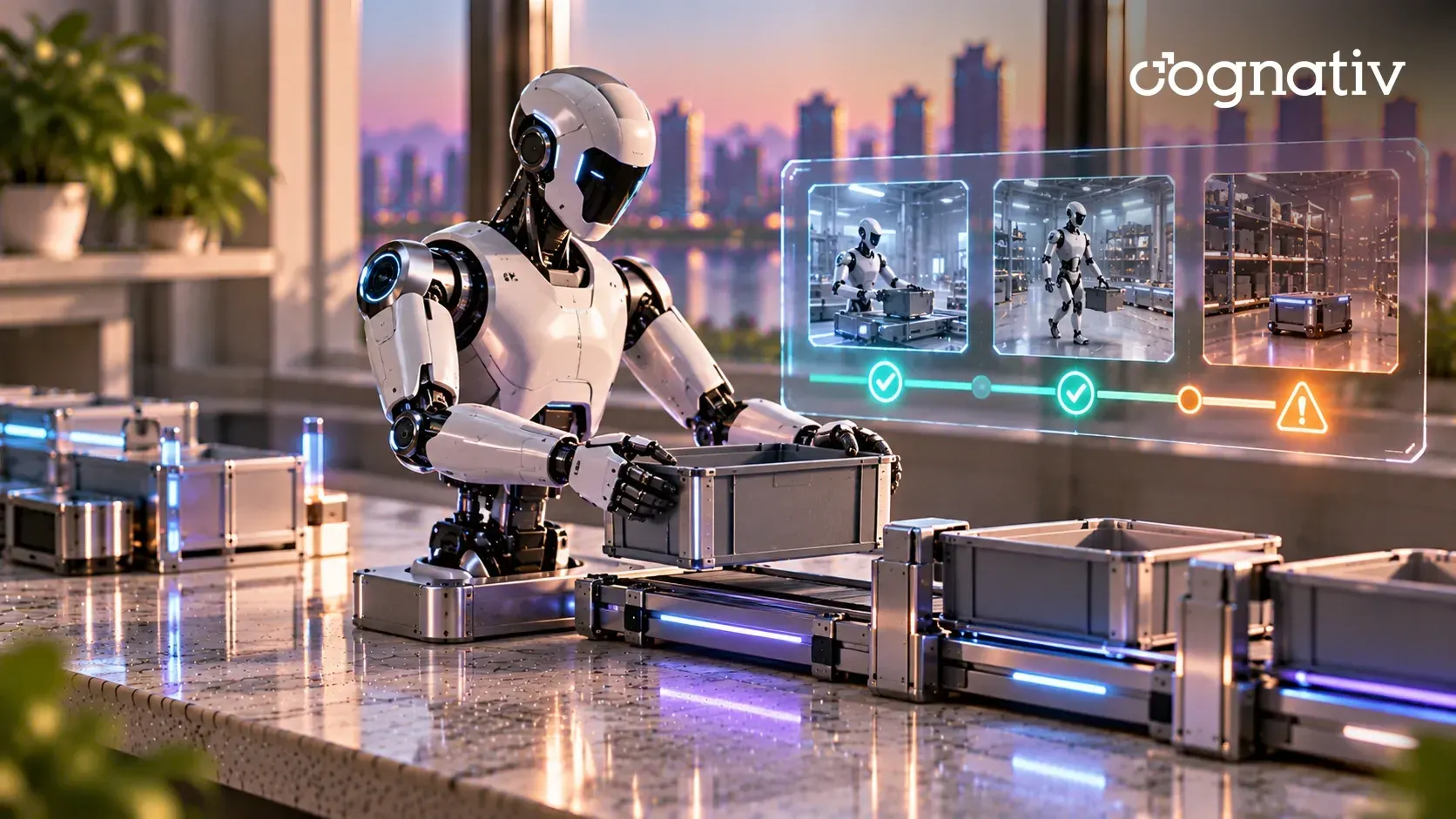 A white humanoid robot lifts a tote on a factory line while a glass panel tracks pilot tasks with checks and one warning.
