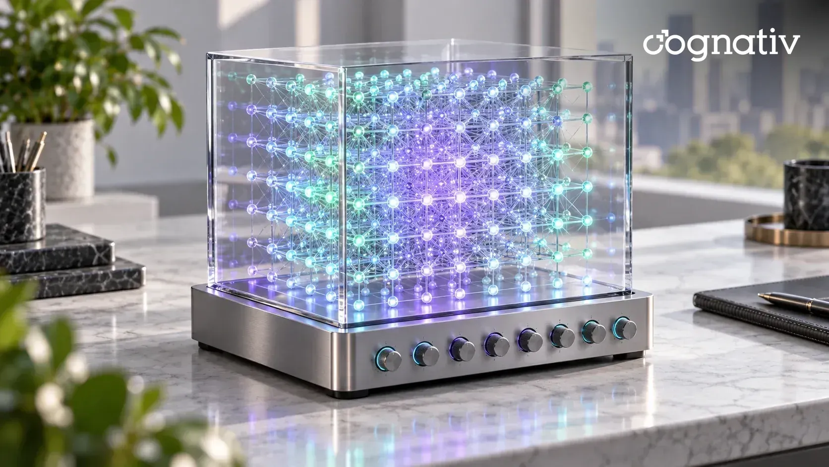 A glass block filled with a dense lattice of glowing points on an aluminum base with a row of dials.
