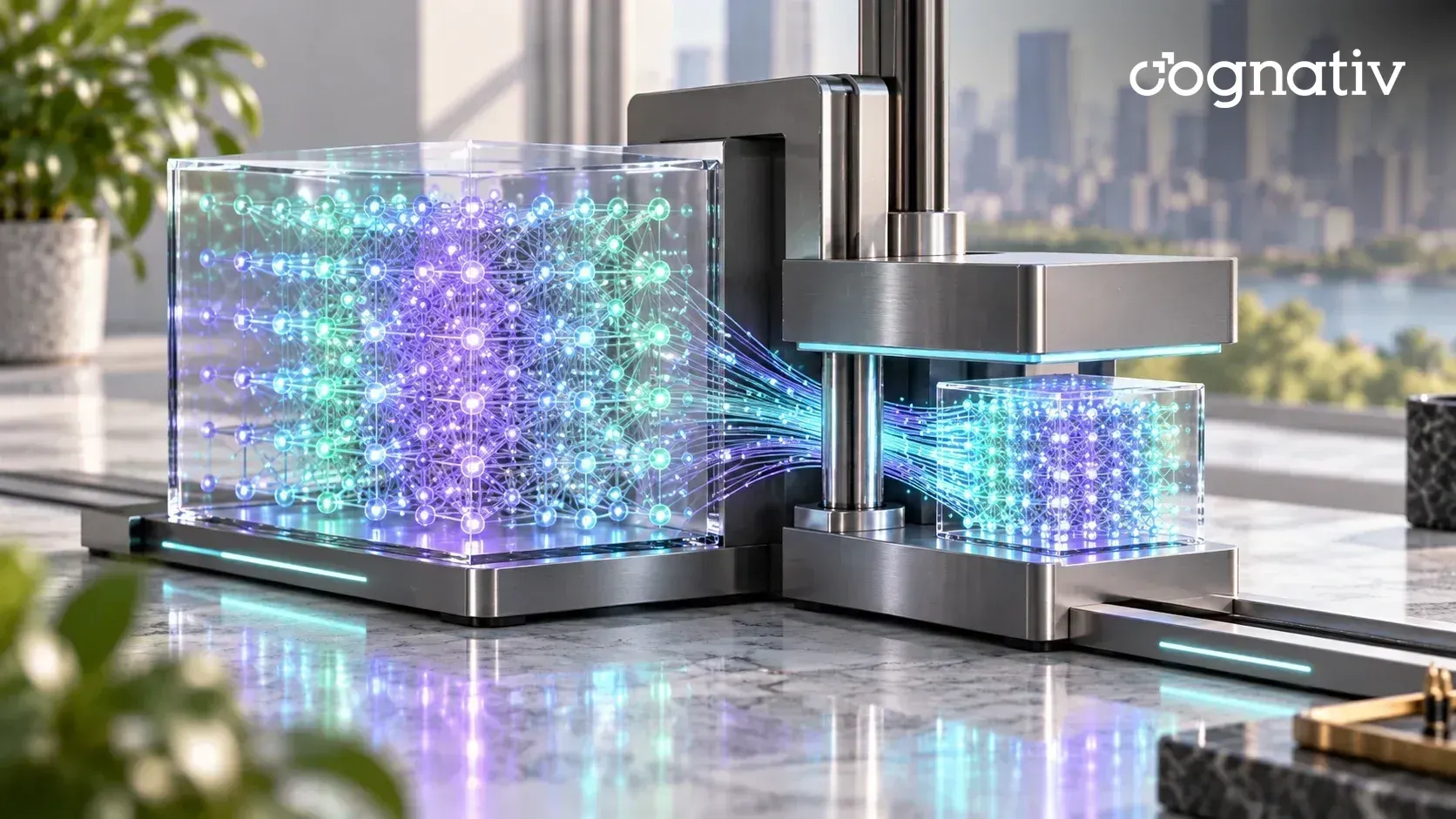 A large glass block of glowing points compressed by an aluminum press into a smaller block with the same pattern.